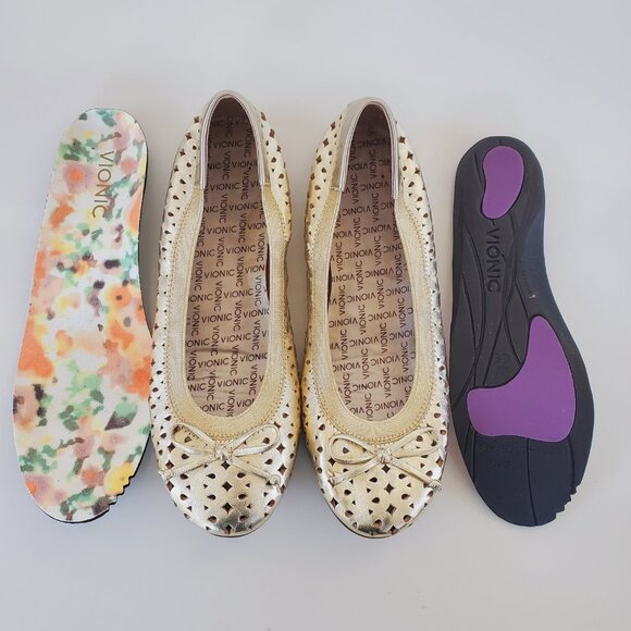 Vionic Spark Surin Gold Leather Slip On Cutout Arch Support Ballet Flats Size 8 - Picture 7 of 15